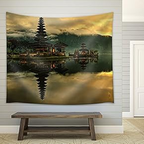 Bali Pura Ulun Danu Bratan Water Temple at Sunrise - Fabric Wall Tapestry Home Decor - 51x60 inches