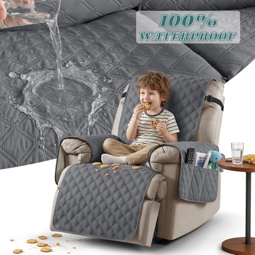 Ruaozz 100% Waterproof Recliner Chair Cover Non-Slip Reclining Cover for Recliner Chair Washable Chair Seat Cover with Elastic Straps for Kids, Dogs, Pets (Dark Grey, 1 Seater 23'')