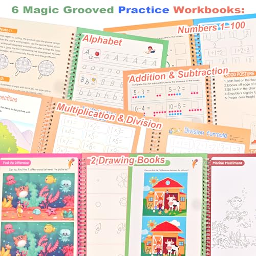 6 Reusable Handwriting Practice Books for Kids Ages 3-8 - Large Magic Grooved Workbooks with Pens | Letter & Number Tracing, Drawing & Maths | Preschool & Reception Set - 26 x 18.5cm