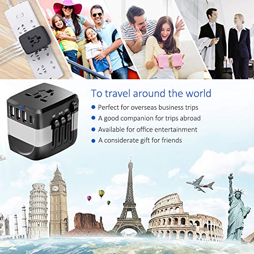 Universal Travel Adapter, 2400W International Power Adapter, European Adapter Worldwide All in One Plug Adaptor with 1 USB C + 3 USB for High Power Appliances for EU,UK,US,AUS,Over 200 Countries,Grey