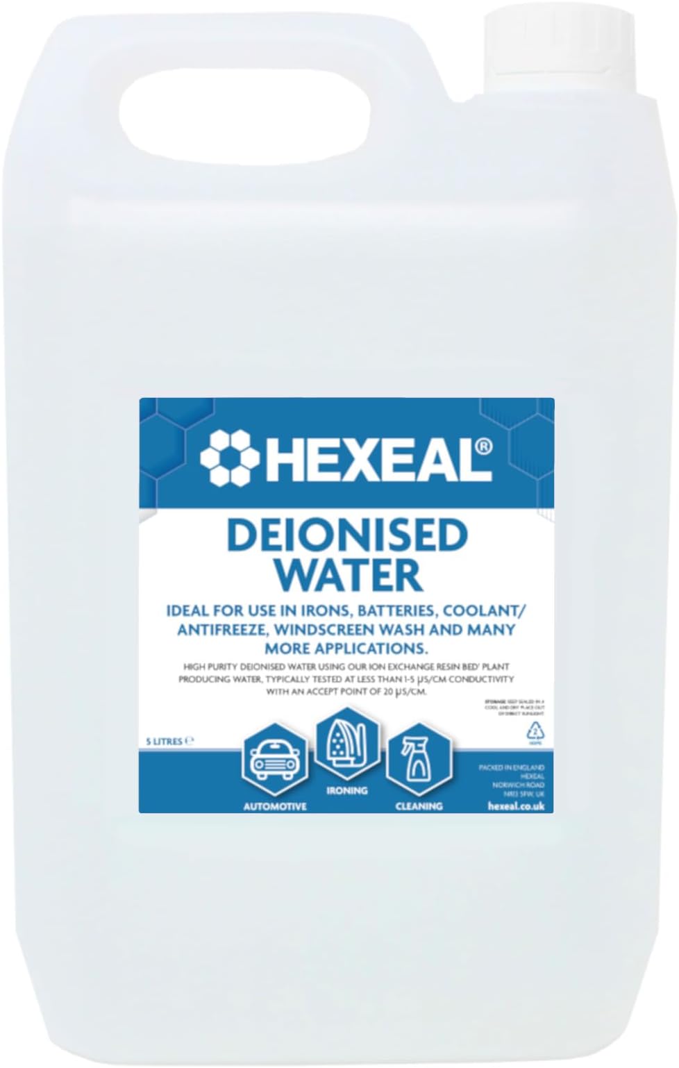Hexeal Deionised Water 5L for Irons, Windscreen, Car Battery & Lab Use