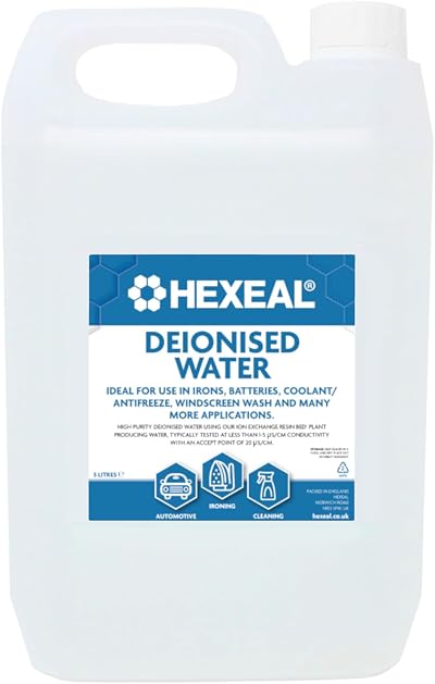 Hexeal Deionised Water 5L for Irons, Windscreen, Car Battery & Lab Use