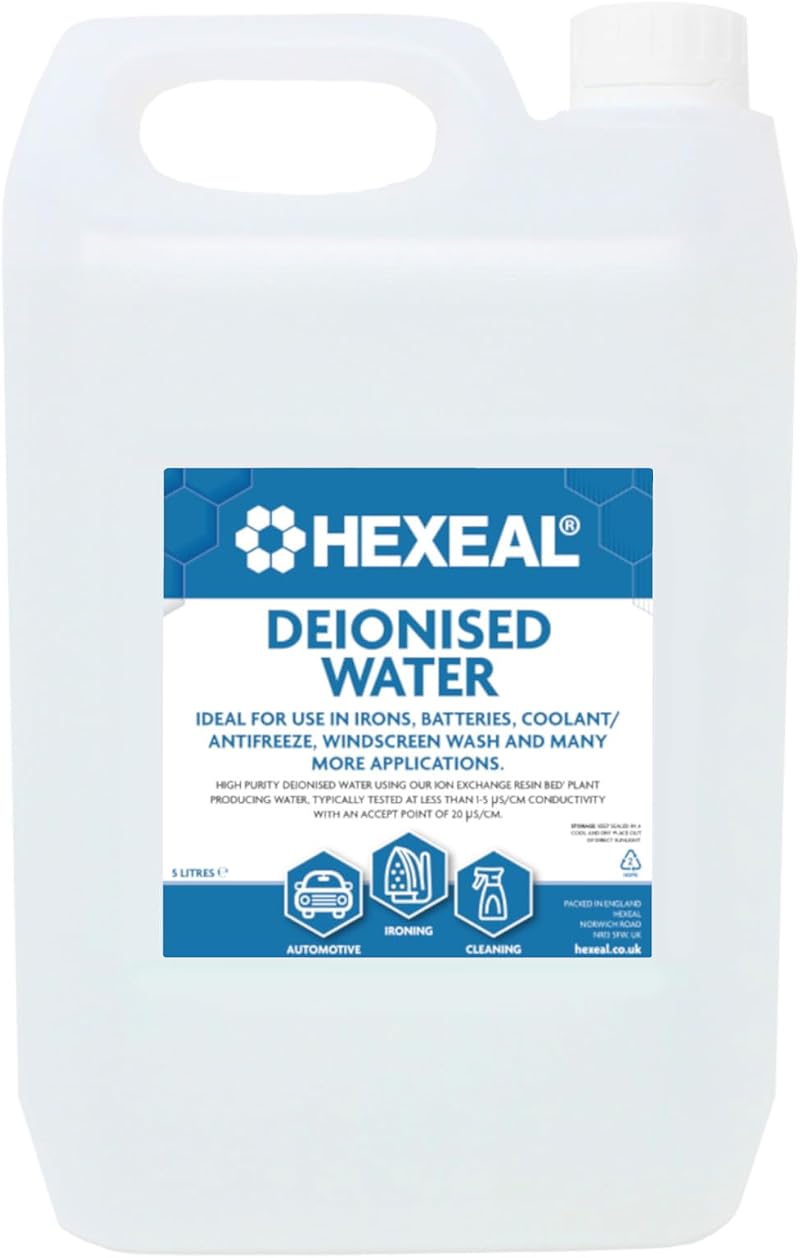 Hexeal Deionised Water 5L for Irons, Windscreen, Car Battery & Lab Use
