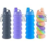 konlongzan Collapsible Water Bottles 4 pack Travel Water Bottle Portable Hiking Water Bottle with Leak proof Twist Cap 500ML Reusable BPA Free Silicone Water Bottles. (Black+Purple+Blue+Pink)
