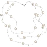 Shades of Grey Blue White Pink Multi Strand Fishing Line Freshwater Cultured Pearl Illusion Choker Collar Necklace For Women Wedding Bridesmaid Formal Party