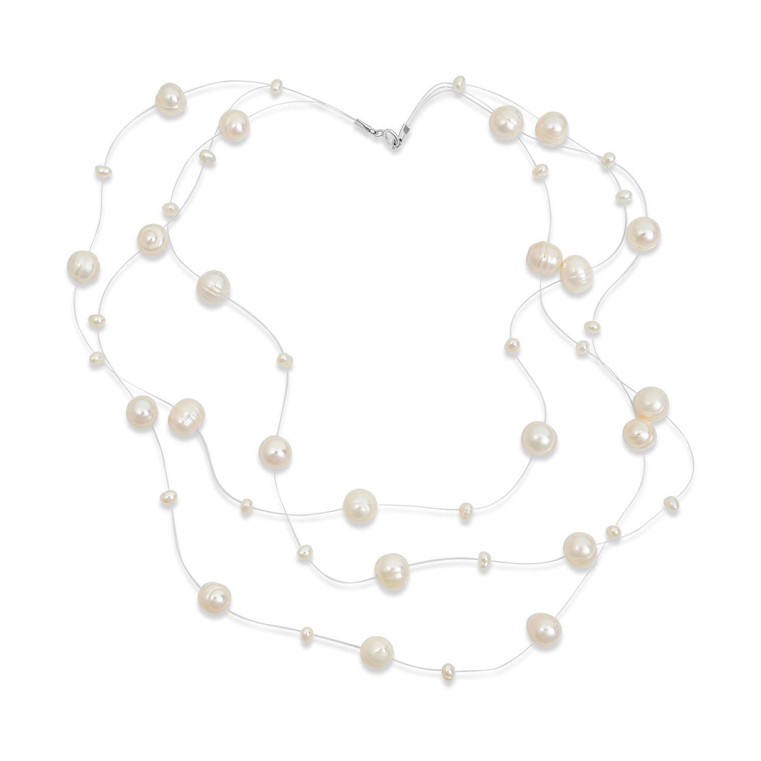 Bling Jewelry Shades of White Multi Strand Fishing Line Freshwater Cultured Pearl Illusion Necklace For Women Wedding Bridesmaid Formal Party