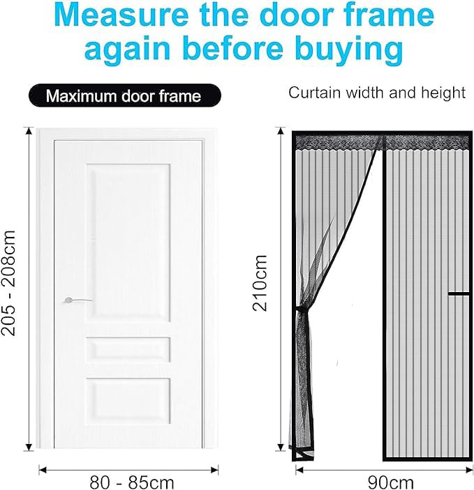 Cortina de Puerta Magnética,con sello magnético de cierre automático súper hermético,con Nylon Tiras de Almacenamiento en los Lados,Cinta Sin Taladros, puerta de pantalla magnética malla。 (210×90cm)