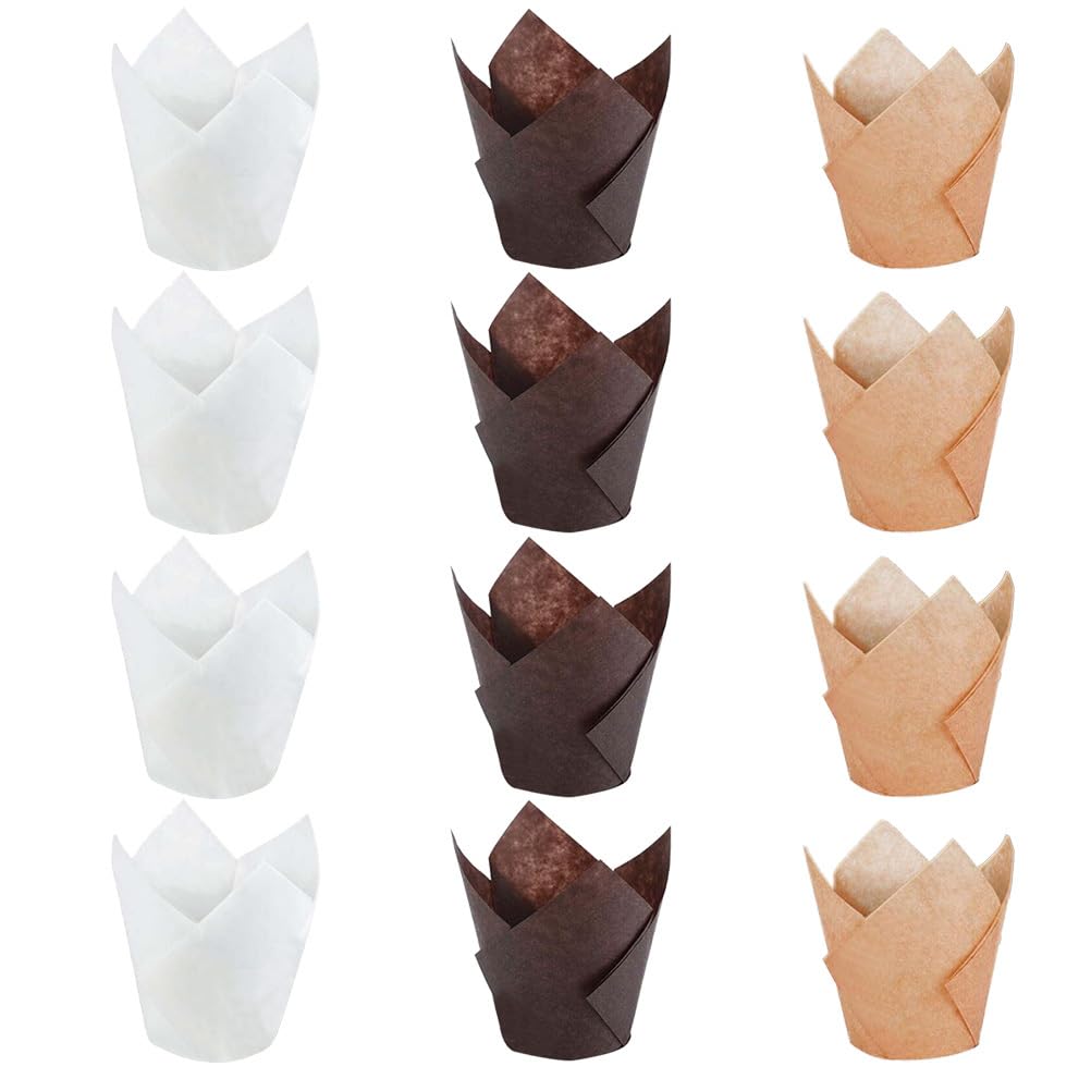 BESTonZON 300pcs Mini Tulip Muffin Cases, White & Coffee & Natural Color, Greaseproof Paper, Disposable, Ideal for Everyday Baking & Parties