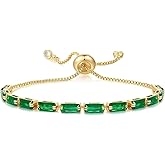 Jeolory Adjustable 14K Gold Plated Chain Emerald Rhinestone Stretch Charm Bracelets Friendship Open Bangle Wrist Cuff Sparkling Elegant Jewelry for Women