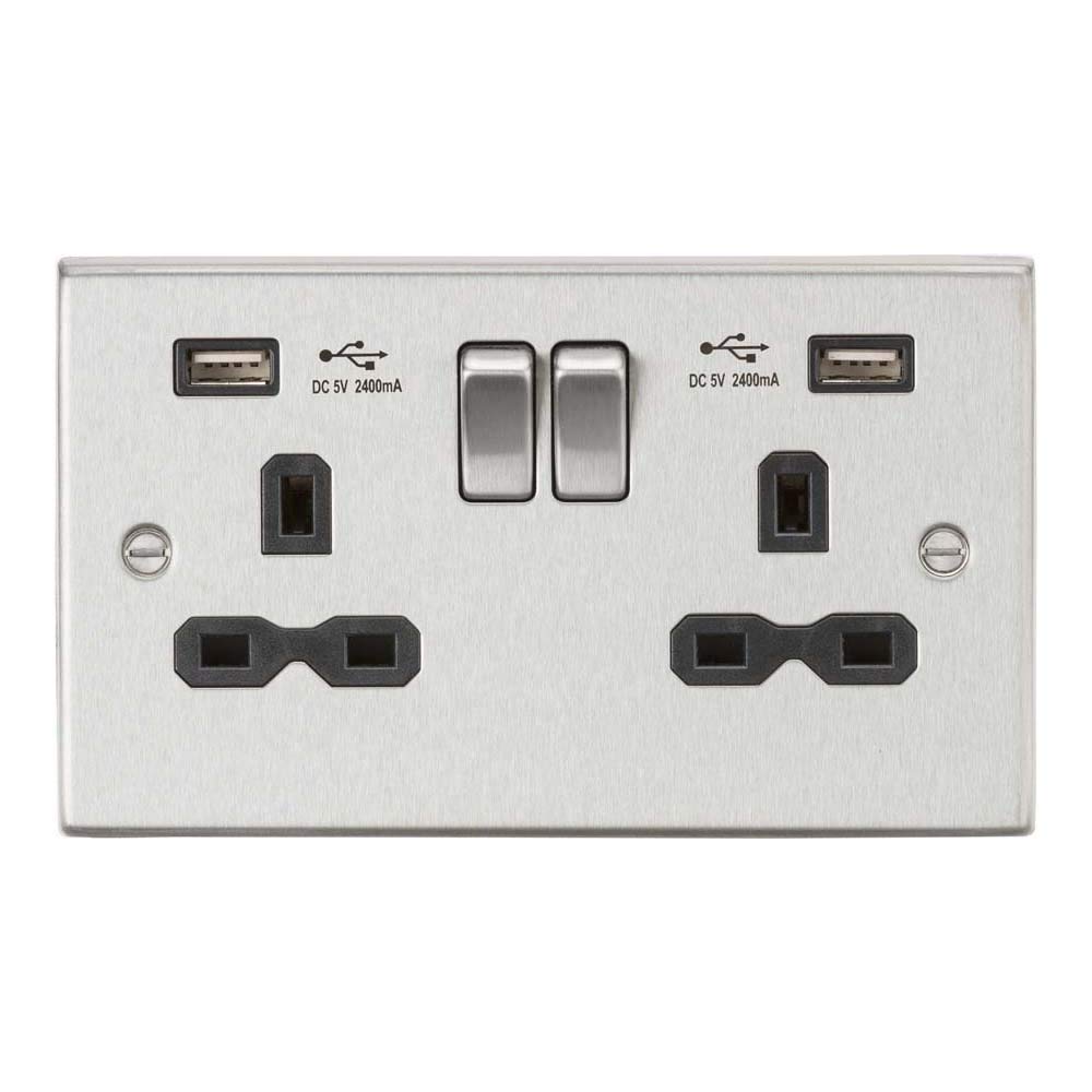 13A 2G Switched Socket Dual USB Charger (2.4A) with Black Insert - Square Edge Brushed Chrome