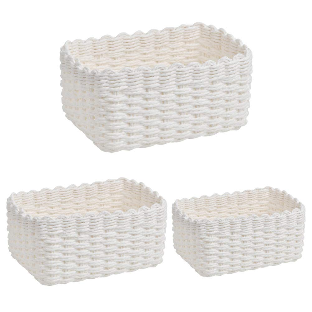 DODUOS 3Pcs Woven Storage Baskets, 3 Sizes Recycled Paper Rope Woven Organizer, White Paper Storage Basket Braided Multipurpose Organiser Box for Cupboard Drawer Closet Shelf Dresser