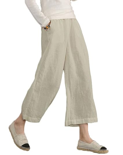 Minetom Sommerhosen Damen 7/8 Länge Gummizug Lässig Locker Leinenhose Plus Größe Leinen Freizeithose Hosenrock Haremshose Yogahose Hose mit Weitem Bein