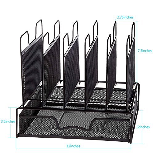 ProAid Office Mesh Desktop Organizer with 5 Vertical Sections, Desk File Organizer with 1 Drawer, Suitable for Organizing Files, Magazines, A4 Papers and Desk Accessories, Black