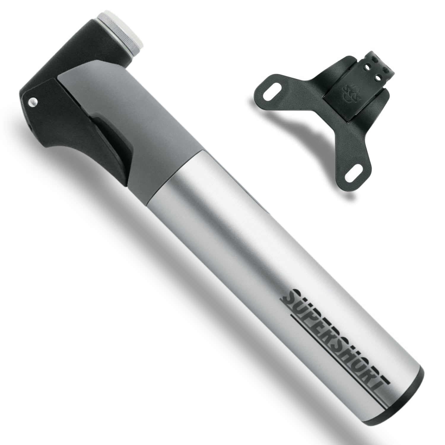 SKS GERMANY SUPERSHORT mini pump for bikes (bike pump with telescopic function, removable aluminium tube and ergonomic T-handle, suitable for all types of valves, incl. pump holder), silver.