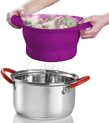INNOKA Collapsible Silicone Colander Strainer, Foldable Strainer Sizes 10.4", Heat-Resistant, Microwave &amp; Freezer Safe, Steam Basket for Spaghetti, Fruits, Pasta and Veggies - Dishwasher Safe - Purple