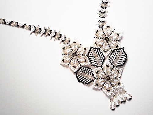 Handmade native American black white silver seed bead floral long necklace