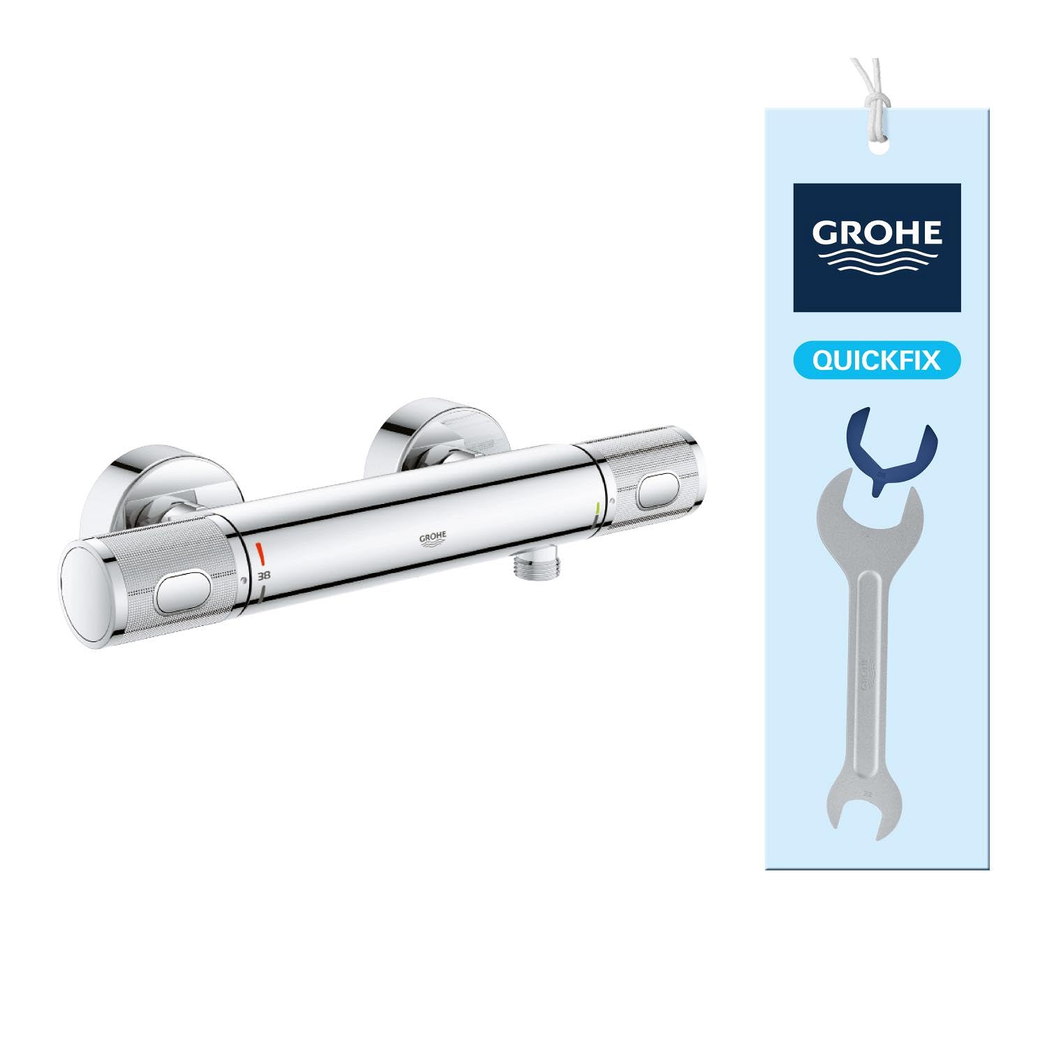 GROHE Precision Feel - Wall Mounted Exposed Thermostatic CoolTouch Shower Mixer (Knurl Grip, Safety Button at 38°C, EcoButton, Metal Escutcheon), Size 313 x 80 mm, Chrome, 34790000