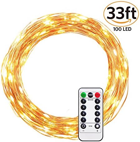 Ulwae String Light LED Warm White Dimmable, Battery Powered, 100 LED in 33 ft Copper Wire for Christmas, Birthday, Wedding Parties