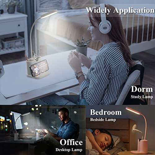 GEEKBOY LED Desk Lamp with USB Charging Port, Power Display Table Lamp with 2 Pen Holders & 360° Adjustable Arm, 3 Color Modes Stepless Dimming Rechargeable Desk Lights for Home Office Dorm