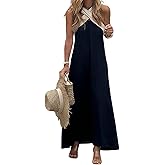 yoeasy Womens Summer Halter Neck Dress Criss Cross Sleeveless Backless Boho Flowy Swing Cotton Linen Long Dress
