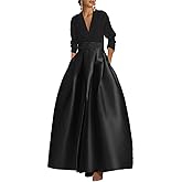 Winaiwi Long Sleeve Prom Dresses with Pockets Satin Evening Dress V Neck Ball Gowns for Women Formal