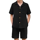 Haloumoning Boys 2 Pieces Summer Outfits Beach Short Sleeve Button Down Shirts and Shorts Vacation Texture Sets for Kids