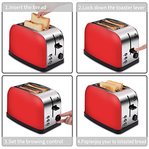 COSSCCI Toaster 2 Slice Red, Stainless Steel Toaster with Wide Slots,Removable Crumb Tray,High Lift Lever, Reheat Defrost and 7 Shade Setting