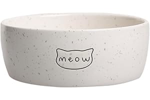 Pearhead Ceramic Meow Cat Bowl, Holds 1.3 Cups, Whisker-Friendly Pet Dish for Food and Water, Modern Speckled White, Small