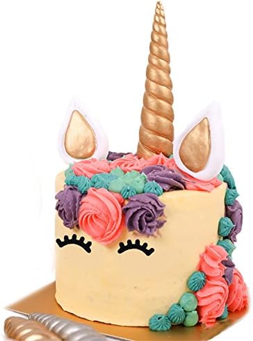 Handmade Gold Unicorn Topper Set for Baby Shower Children Birthday Cake Decoration, Includes 1 Unicorn Horn, 2 Ears and 2 Eyelashes