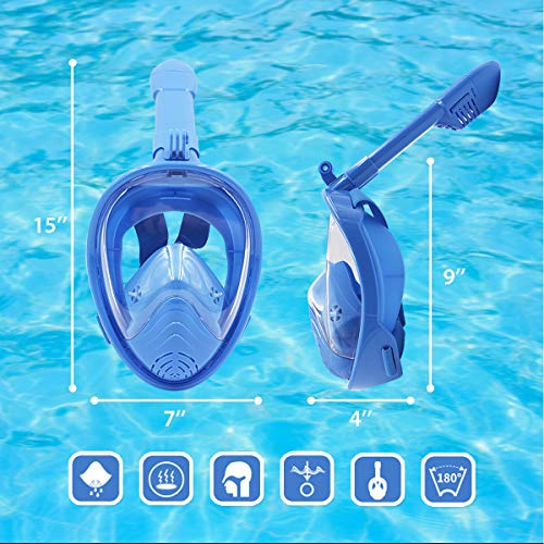ROCONTRIP Full Face Snorkel Mask, Free Breathing 180° Panoramic View Diving Mask, Anti-Fog Anti-Leak and Adjustable Head Strap Snorkeling Mask for Men Women Adult (Blue, XS)