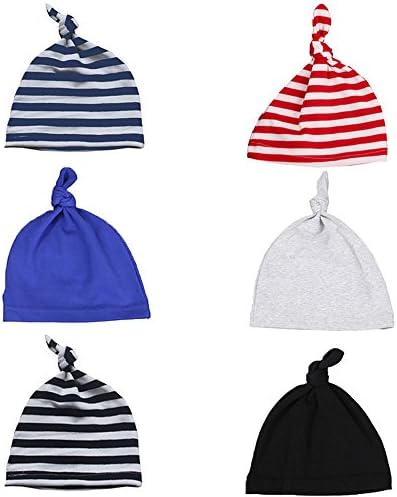 XiFe Newborn Cool Boy Nursery Beanie Hospital Hat Cotton Adjustable Knot Cap (6Pack Striped + Soild)