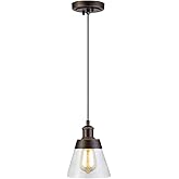 Rustic Glass Pendant Light with Handblown Clear Seeded Glass Shade, One-Light Adjustable Industrial Cone Mini Pendant Lightin