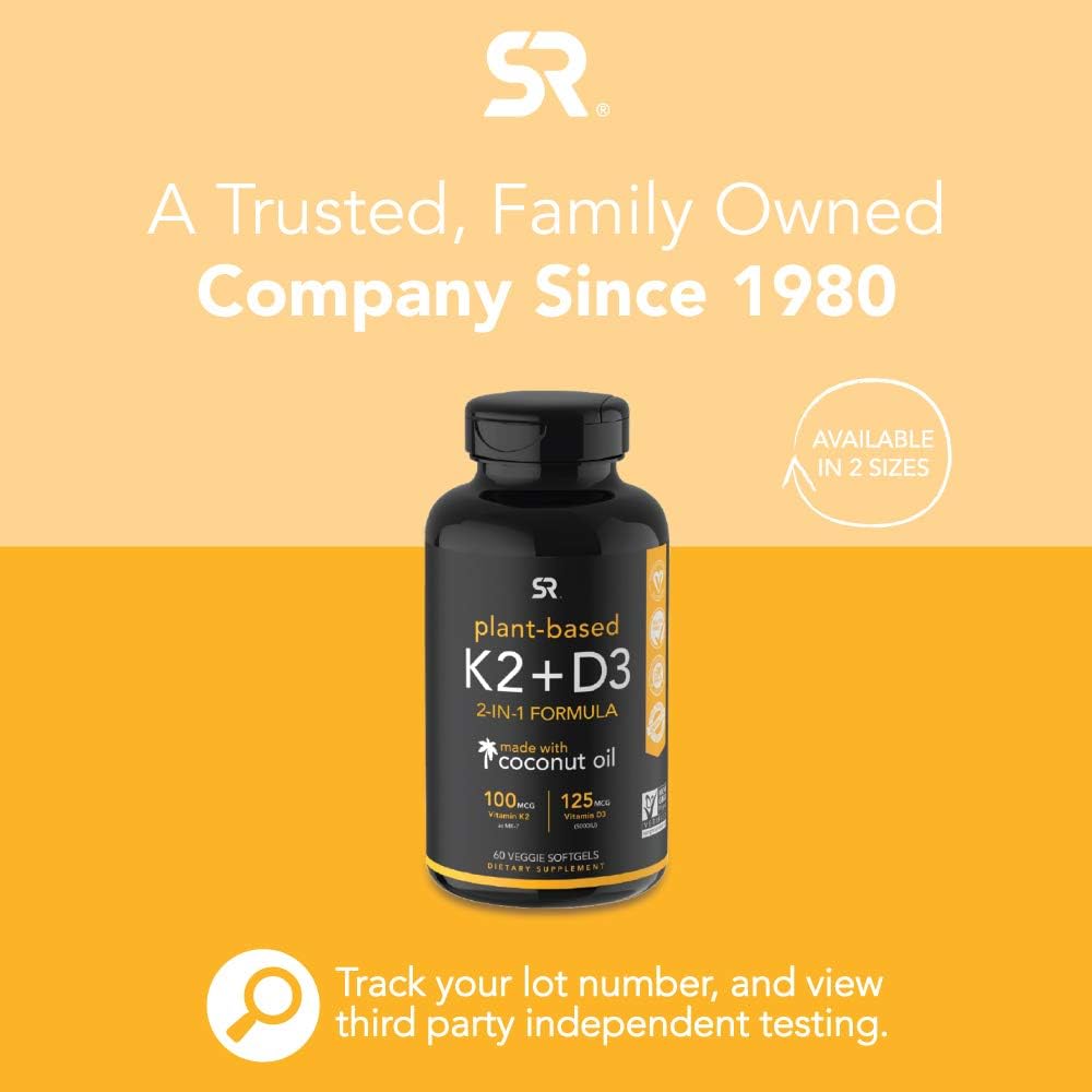 Vitamin D3 + K2 with Organic Coconut Oil - 60 Veggie Softgels: Health & Personal Care