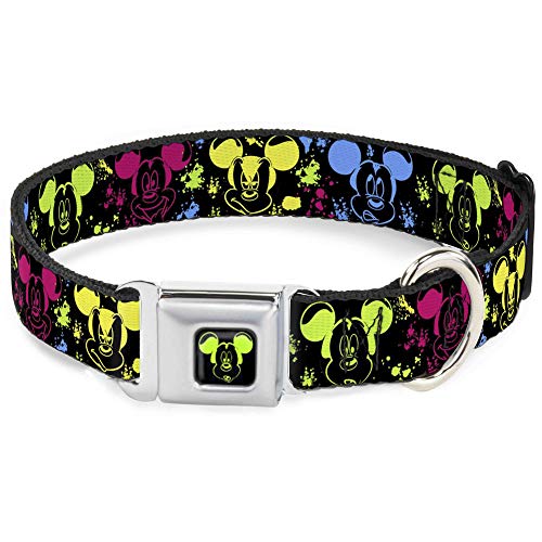 Dog Collar Seatbelt Buckle Mickey Expressions Paint Splatter Black Multi Neon 9…