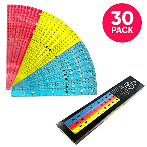 Ruler 12 Inch (30-Pack) - Bulk Rulers for Kids in Colorful Box - Individually Wrapped - Translucent Flexible Plastic - For School Teachers Students Class - Keep in 3 Ring Binder - Inches/Centimeters