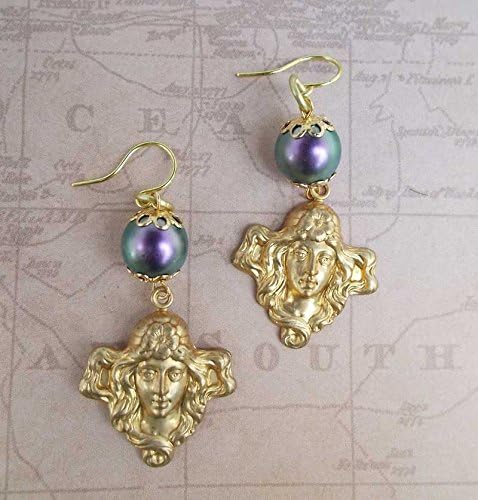 Bohemian Gypsy Earrings Art Nouveau Brass Purple Bead Jewelry