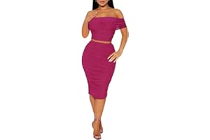 Oumrdeo 2 Piece Skirt Set Sexy Mesh Ruched Bodycon Tube Top Cocktail Party Midi Dress Club Outfits