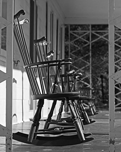 Black and White Photograph of Rocking Chairs on a Farmhouse Porch - "Simpler Days"