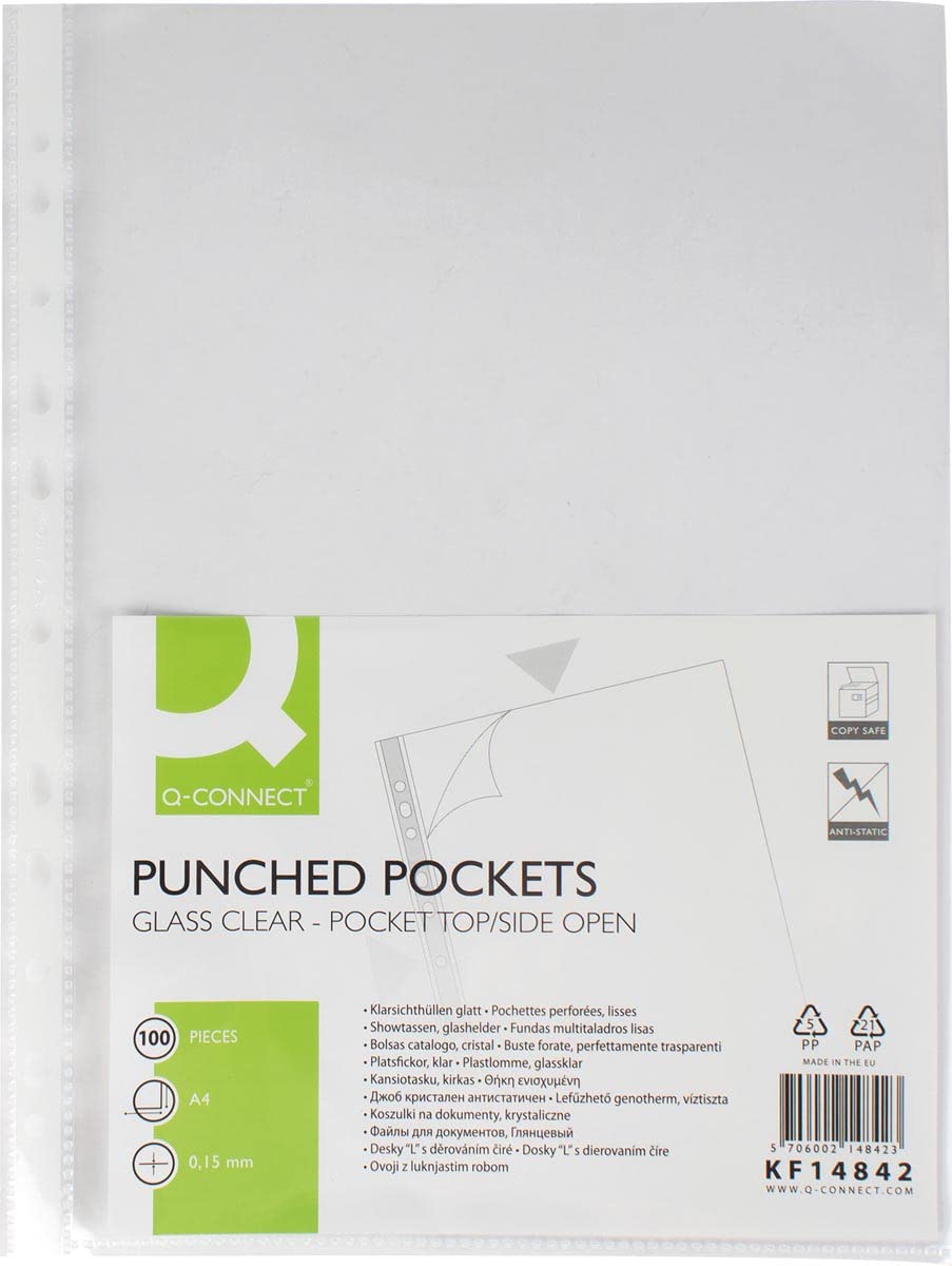L-Shaped Pockets Q-CONNECT PP A4 Cristal 150 Micron 100pcs / Document Archiving/Type-Crystalline/Kind-L Type/Material-PP/Colour-Transparent/Format-A4 / Thickness (mm)-150