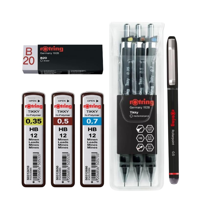 Set of Rotring Tikky mechanical pencils, complete set of 3 with refills and eraser and one Rollerball Pen