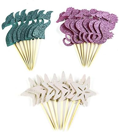 Dmaxia 30Pcs Mermaid Theme Glitter Cupcake Topper Cake Picks Decoration for Baby Shower Birthday Party Favors, Mermaid Tail, Seahorse and Starfish Food Picks