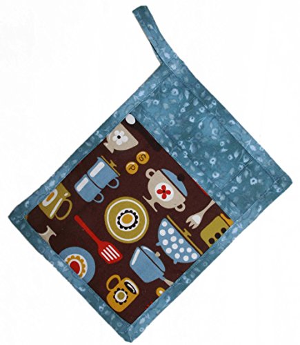 1 Pocket Pot Holder With Hanging Loop - Vintage Tableware & Tools On Brown With Blue Accent Fabric