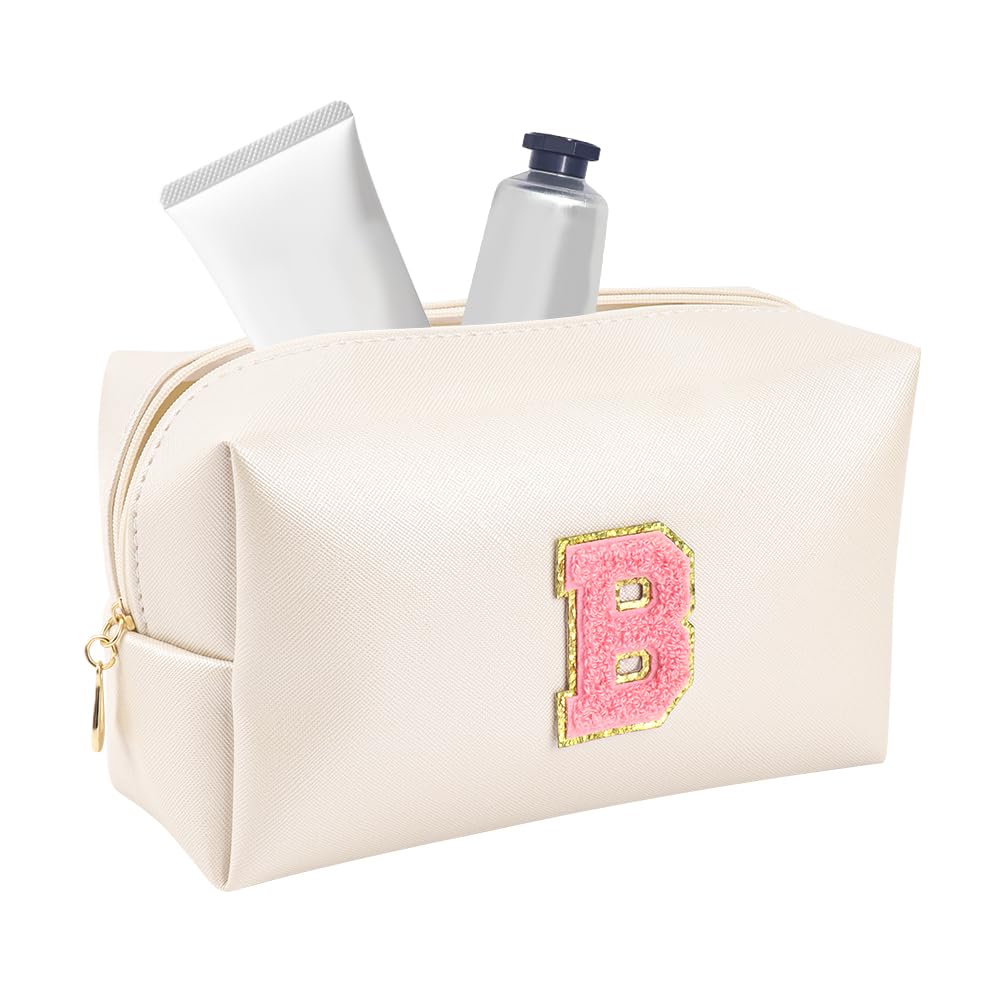 Preppy Large Makeup Bag-Customized Initial PU Leather Travel Cosmetic Bag,Ideal for Storing Makeup,Toiletries,and More,Gift for Women,Girlfriends,and Girls（Pearly White-Pink, B）