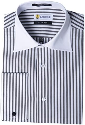 Labiyeur Men's Slim Fit French Cuff Striped Dress Shirt 16.5 | 34-35 Black/White Stripes