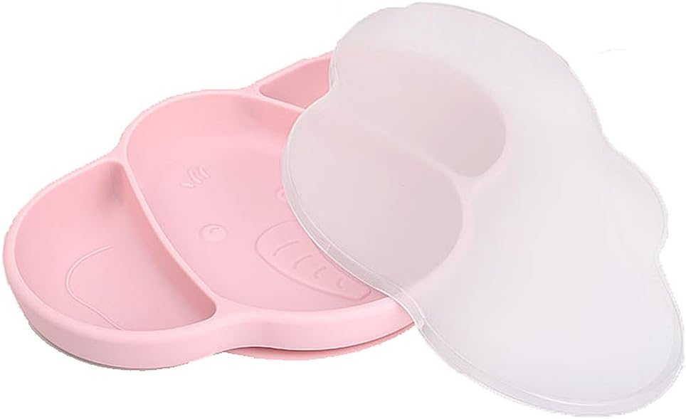 Silicone Suction Plates for Toddlers with Snap Tight Cover,Baby Elephant Toddler Placemat Divided Plates (Pink)