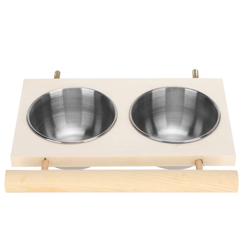 Leyeet Bird Feeder,Stainless Steel Pet Feeding Bowl Parrot Feeding Bowl with Wooden Stand, Feeding and Watering Supplies for Birds, Double Bowl