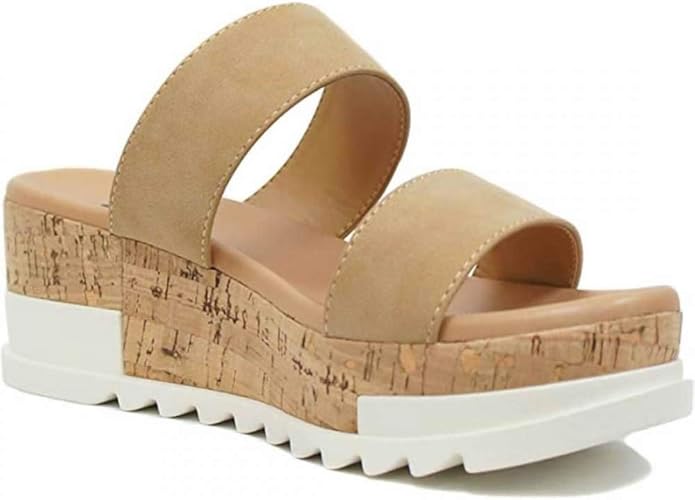 Amazon.com | Womens Two-Strap Sandals Slide-on Open Toe Summer Flat Sandals (Beige, 8.5) | Flats
