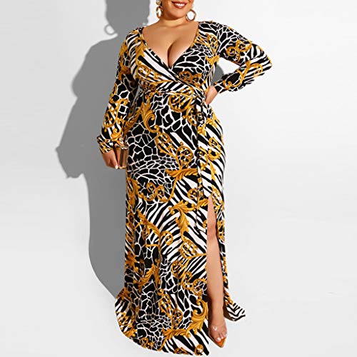 Witspace Fashion Women Plus Size Sexy Print Frenulum Sashes Loose Long Sleeve Long Dress
