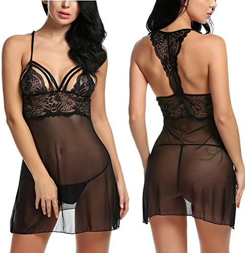 Pesters Wedding Lingerie Women Transparent Babydoll Mini Dress Sleepwear Sexy Lace Nightwear(Black,X-Large)