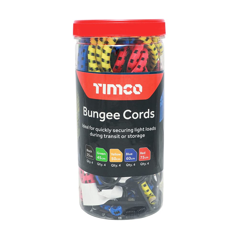 TIMCO Bungee Cords with Laminated Hook - Mixed Pack - Red, Blue, Green, Black and Yellow colours - 25, 45, 50, 60, 75 length in cms - 20pcs